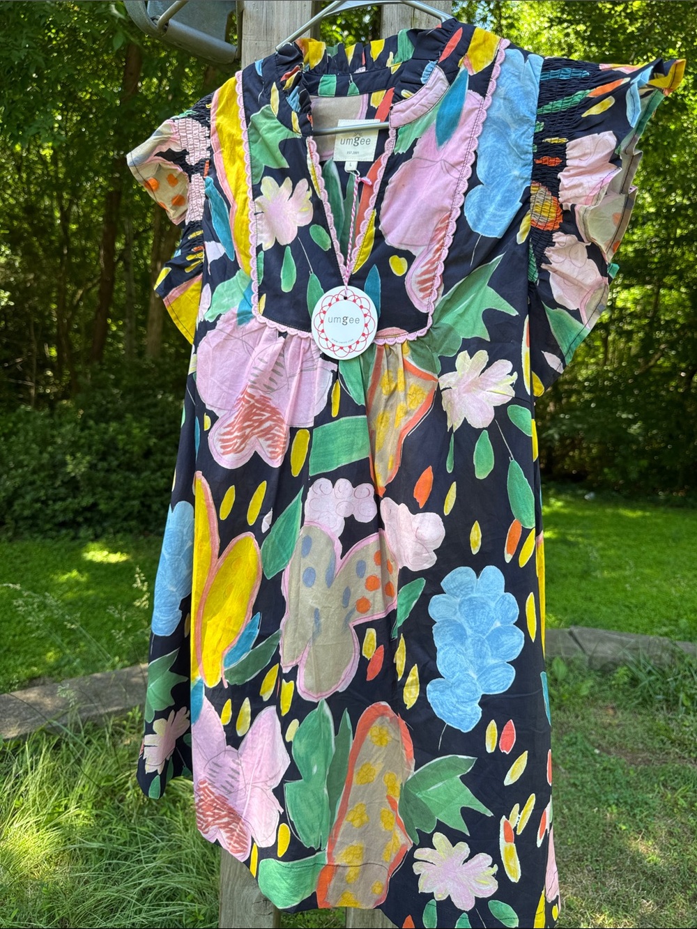 Umgee Navy Multicolor Floral Watercolor Flutter Sleeve Dress